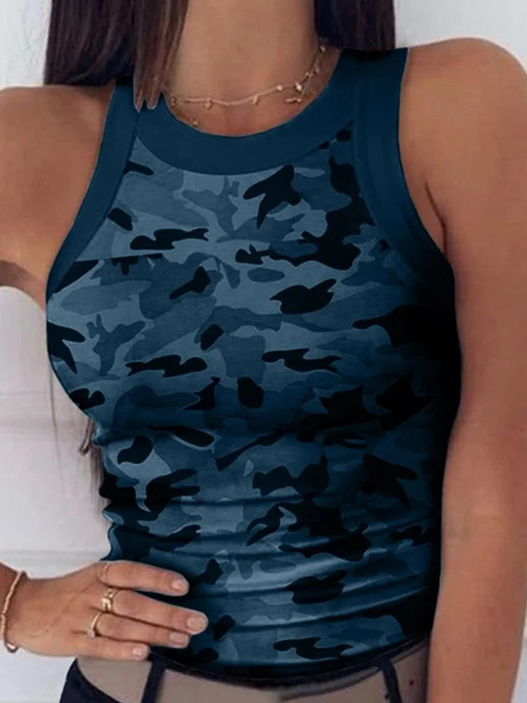 Women Casual Camo Round Neck Ribbed Tank Top Summer Basic Sexy Crew Neck.  S-2x