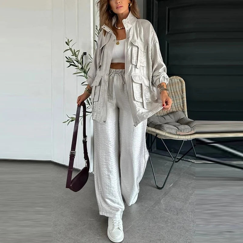 Women Casual Pocket Loose Sport Outfit Fashion Stand Collar & Long Pants Suit Elegant Long Sleeve Solid Colour 2Pc .