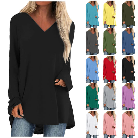 Women's Summer T-shirt Casual Long Sleeve V-Neck Solid Colour Loose Long Blouse/Shirt.  S-3xl