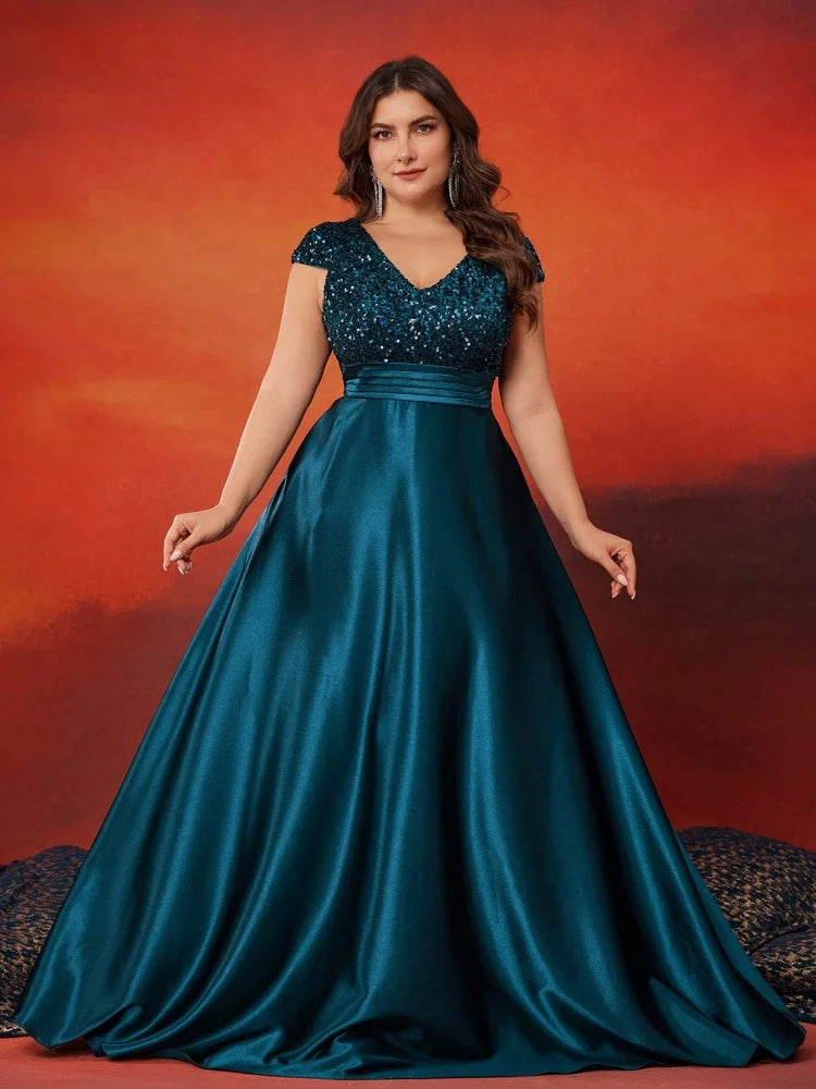 Plus Size Elegant V-Neck Sequin Evening Dress Long Luxury Satin Short Sleeves Party, Prom, Cocktail Dress