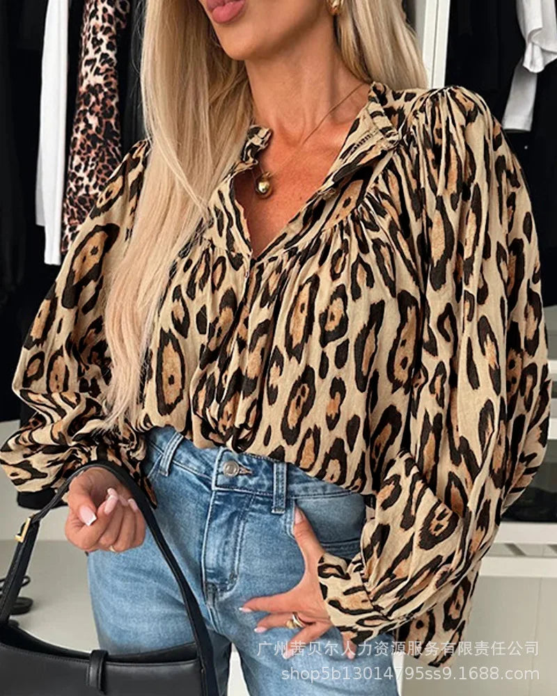 Women Leopard Print Blouse Full Sleeve Casual Loose Elegant Shirt.  S-XL