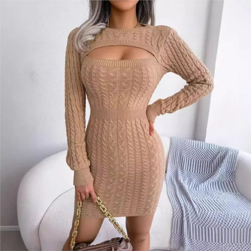 Sexy Hollowed Out Casual Dress Round Neck Long Sleeve Slim Fit Dress.