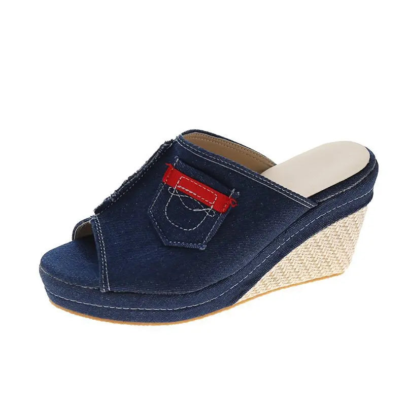 Women's Summer New Denim Western Style Fashion Retro Wedge Platform Peep Toe Sandal Mules.  35-43