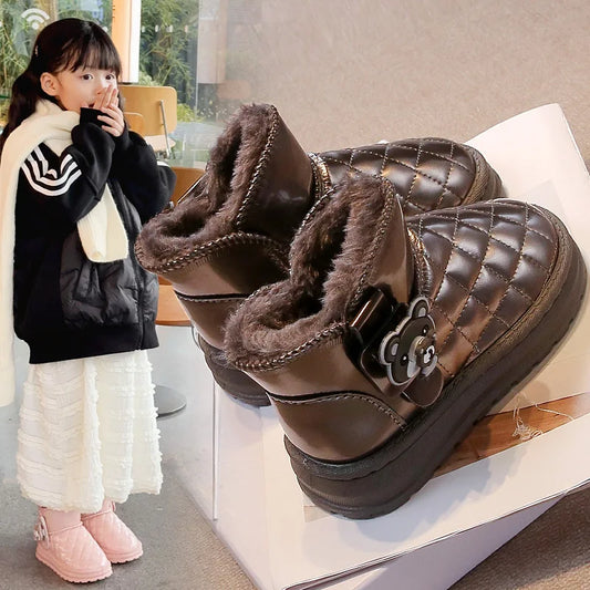Kids Fashion Boots for Boys Girls Unisex 2024 Autumn Winter Cartoon Bear Classic Slip-on Children Thermal Snow Ankle Boots Warm