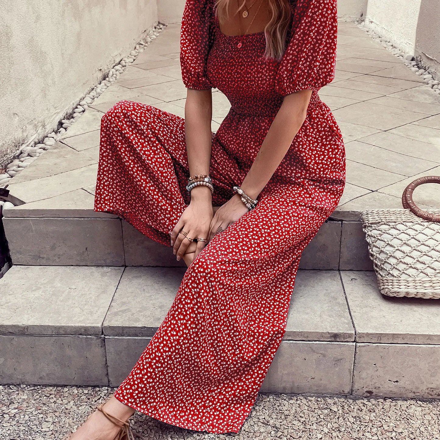 Elastic Waist Jumpsuit Stylish Women's Floral Print Wide-leg for Summer.  S-XL
