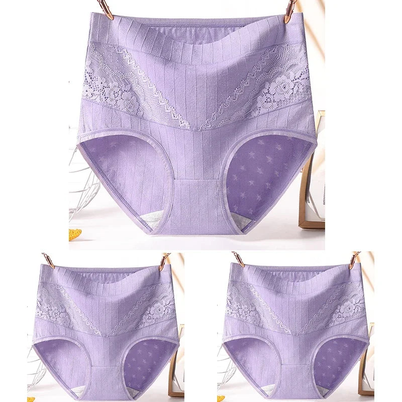 3pcs Curvy Size High Quality Cotton Underwear Lace High Waist Breathable Solid Colour.