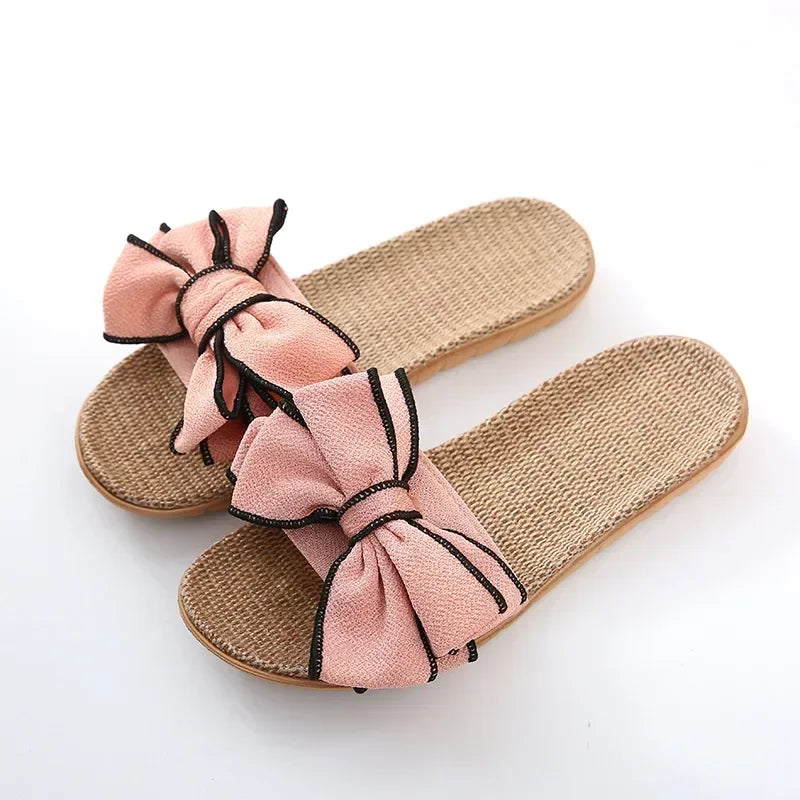 Women Summer Casual  High Quality Breathable Slides Comfortable Flax Slippers Striped Bow Linen Flip Flops.
