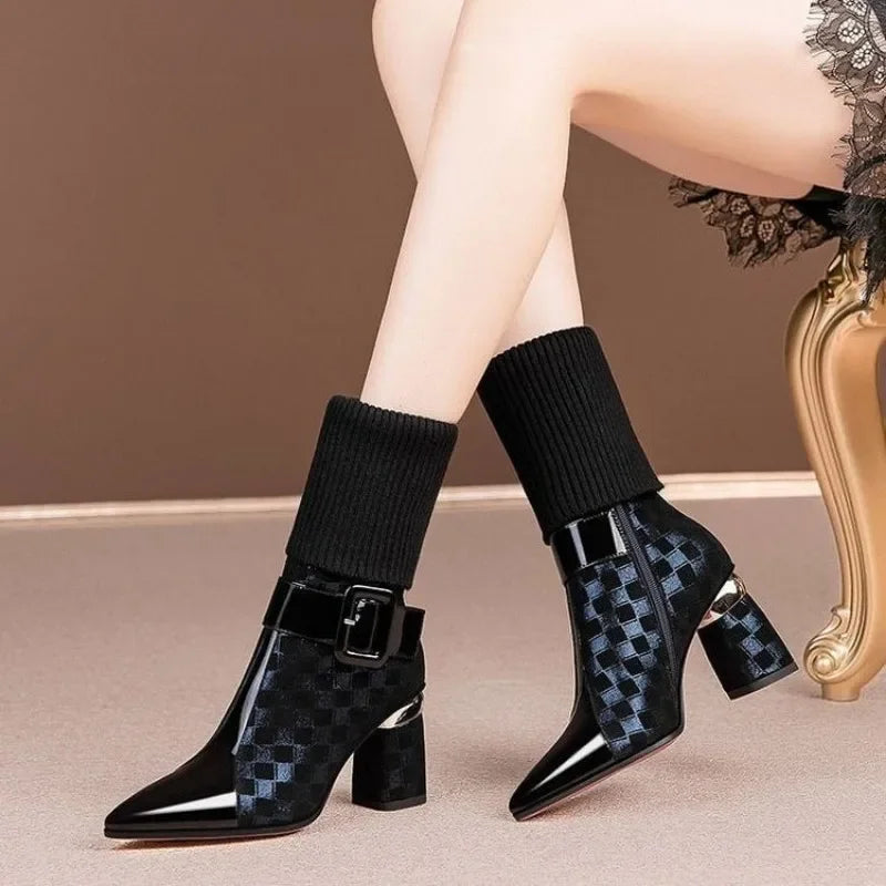 New Style Thick Heel Stretch Fabric Pointed Toe Zipper Fashion Boots
