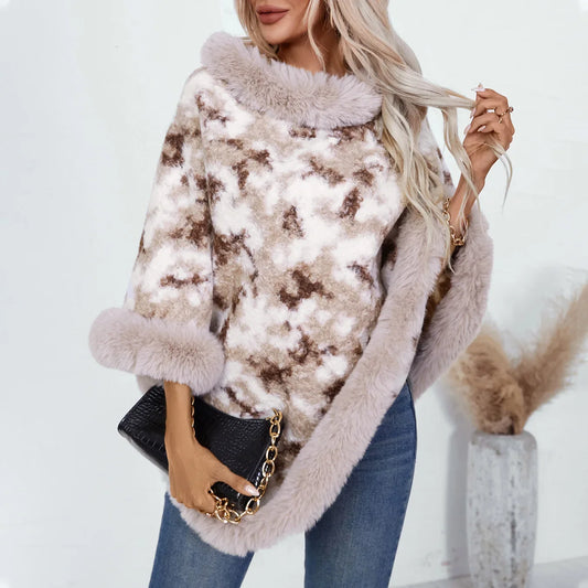 Knitted Cloak Sweater Printed Shawl Outwear Warm Thick Fur Collar Casual Loose Poncho Batwing Sleeve