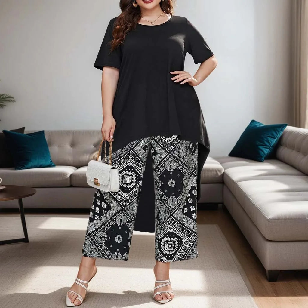Plus Size Women's Suit Shirt and Printed Loose Cropped Pants Casual Fashion