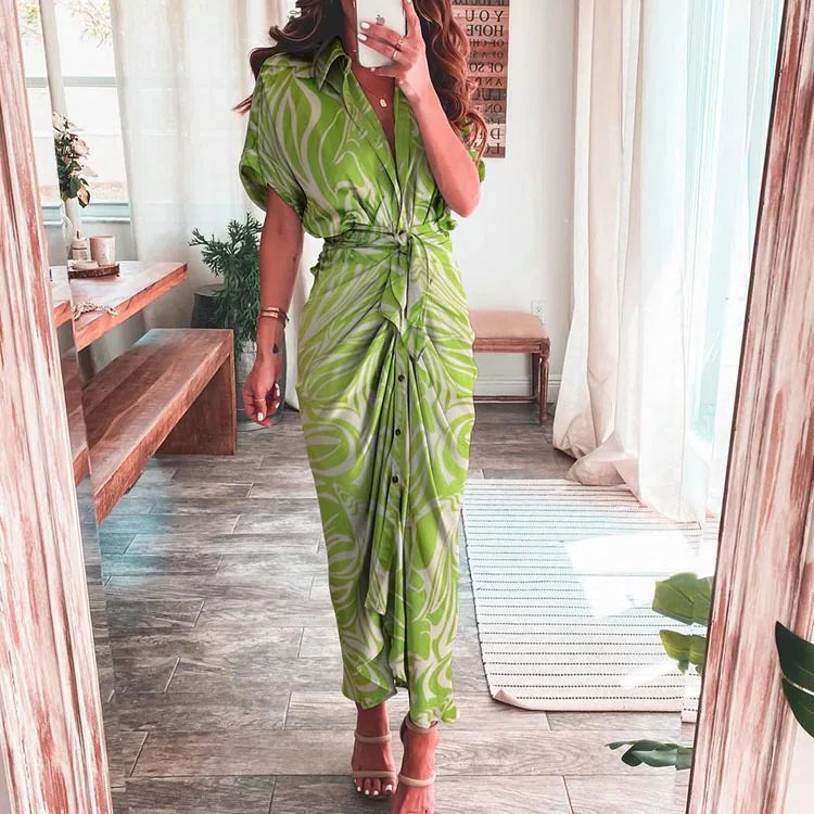 Summer Fashion Printed Short Sleeve Dress Vintage Waist Tie-up Button Bandage Long Dress.  S-3x