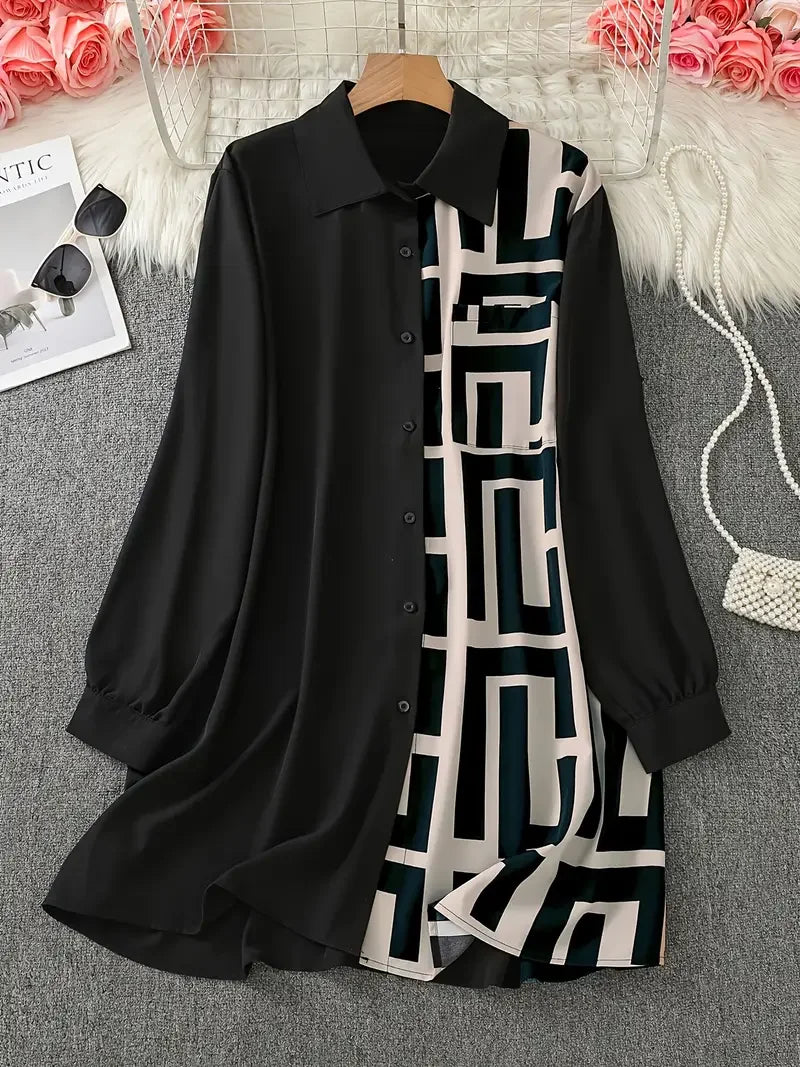 Plus Size 1XL-5XL Women's Elegant Button-Up Shirt with Geometric Print and Black Accents Long Sleeve Shirt.