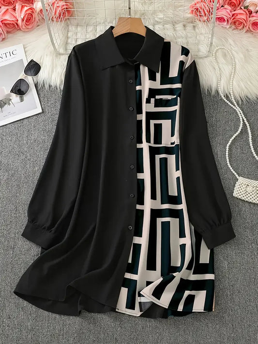 Plus Size 1XL-5XL Women's Elegant Button-Up Shirt with Geometric Print and Black Accents Long Sleeve Shirt.