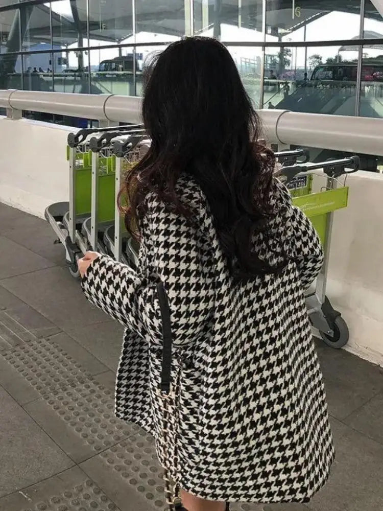 Autumn Winter Plaid Woolen Ladies 2 Piece Set Long Sleeve Suit Coat And High Waist A-line Mini Skirt Outfit
