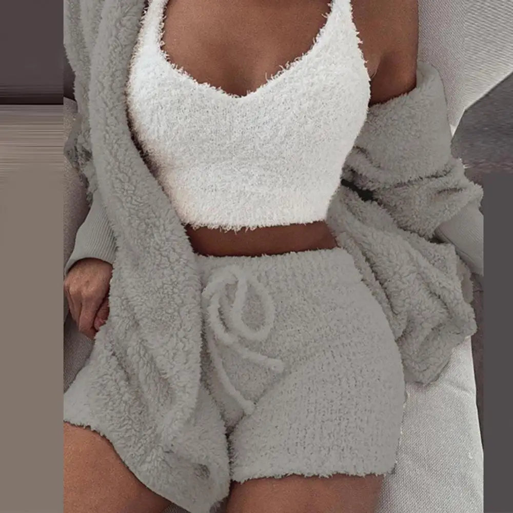 3 Piece Fluffy Outfit Plush Sexy Backless Fleece Pyjamas/Lounge wear  Set