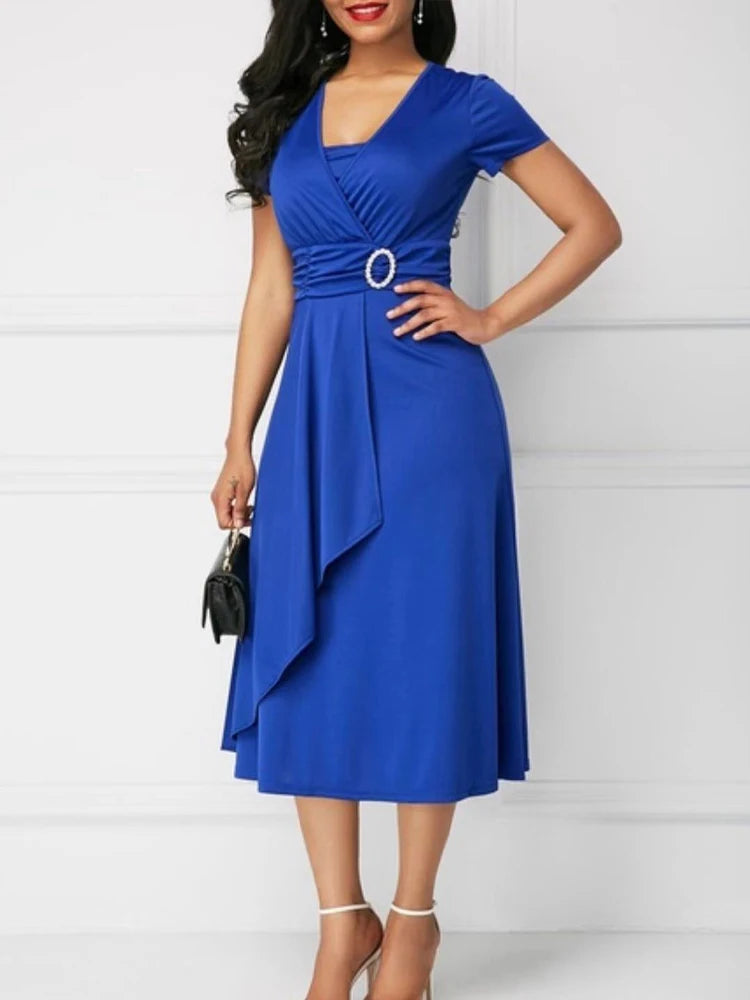 Elegant Women Solid Colour Short Sleeve V Neck Midi Party Dress.  S-5X