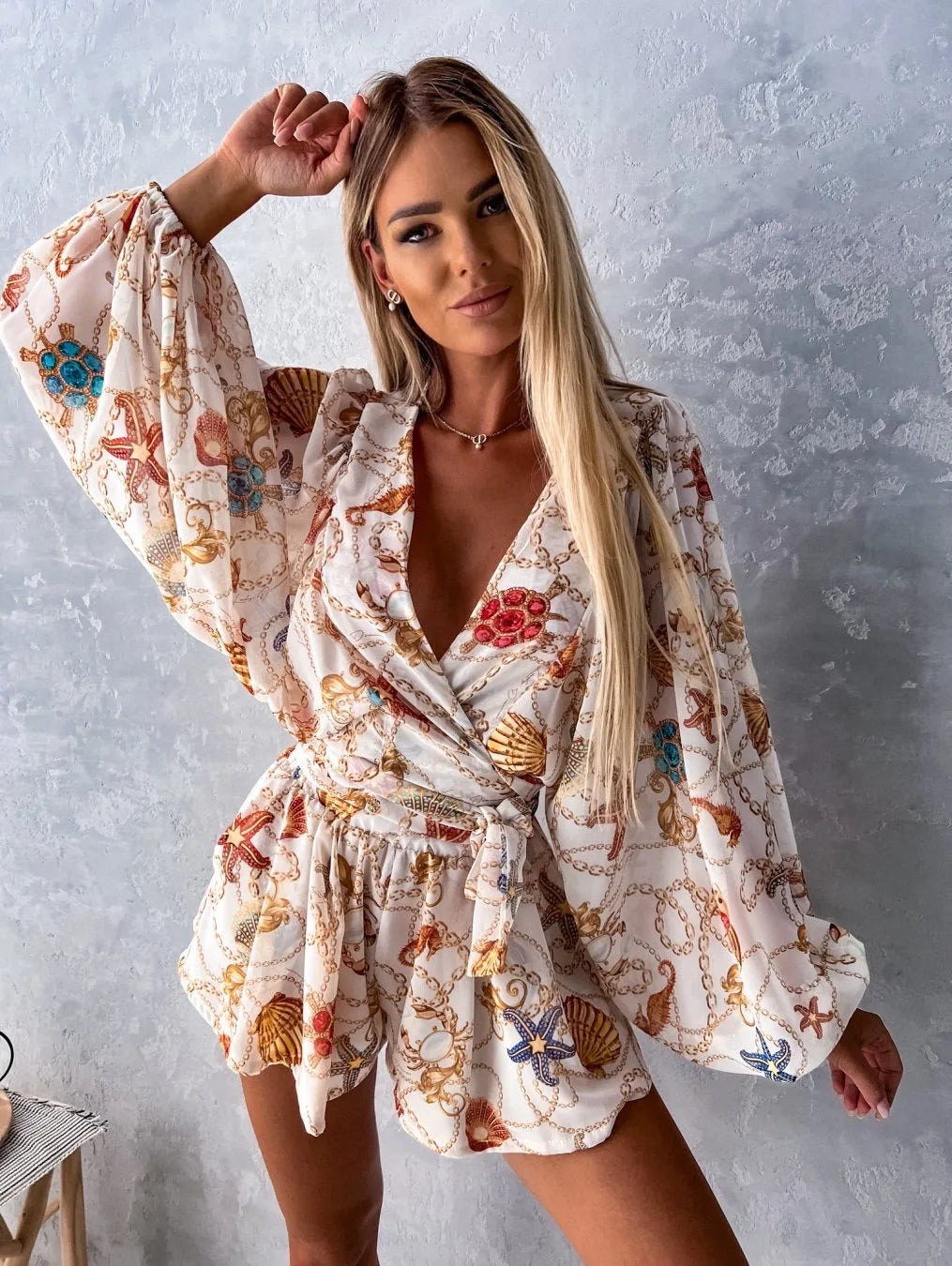 Sexy Deep V Neck Jumpsuit For Women Summer Casual Boho Outfit With Lantern Sleeve.