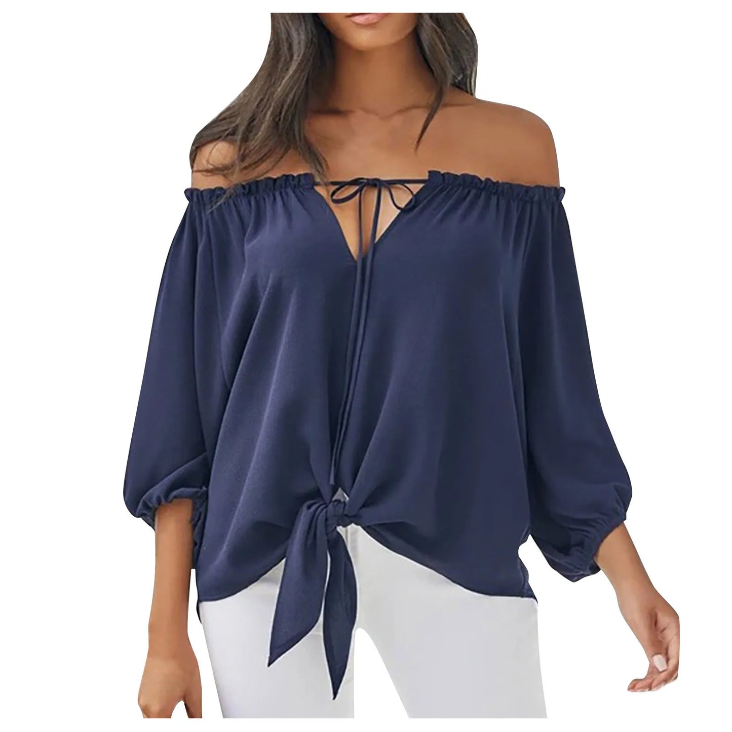Summer Blouse Sexy Off Shoulder Elegant Women Tops Half Sleeve Casual Loose Solid Colour Tie Blouse