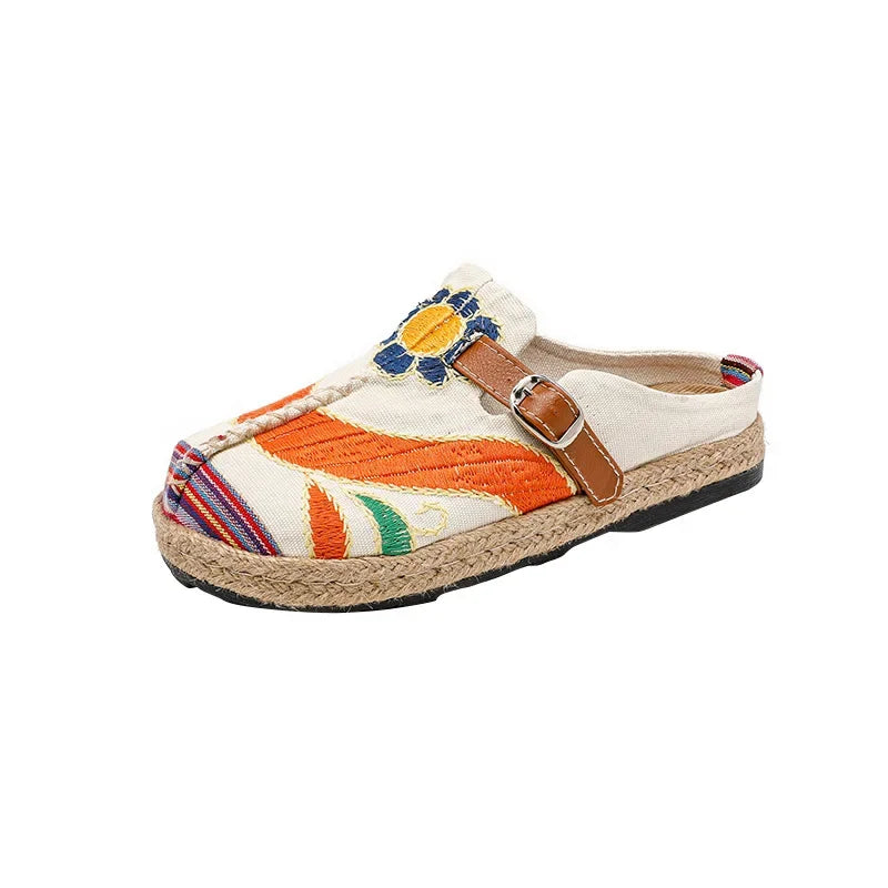 New Women's Embroidered Flat Bottom Casual Element Fabric round Toe Retro Style Comfortable Summer Shoes