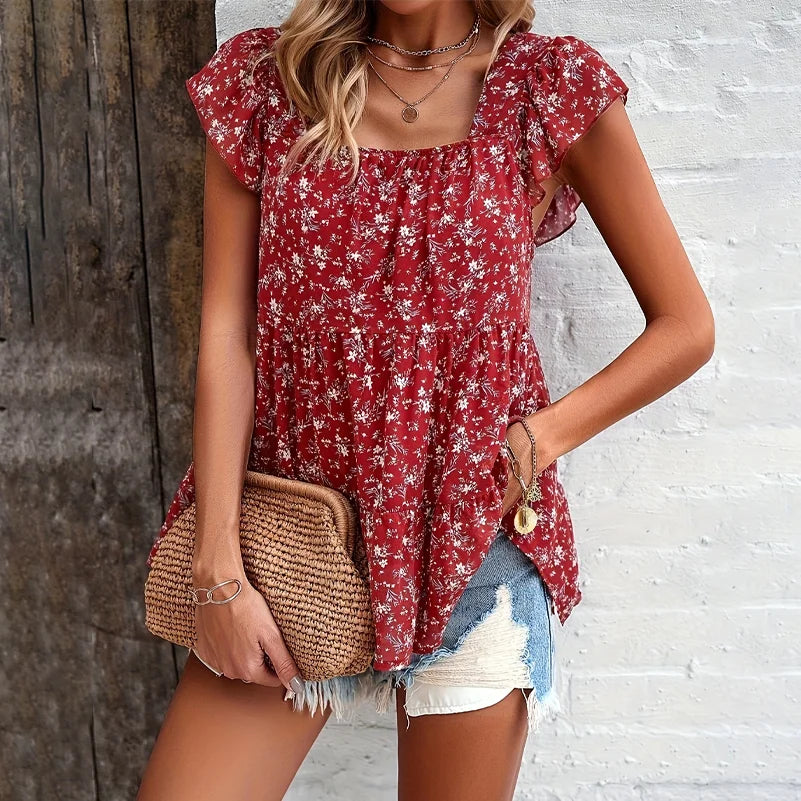 Plus Size Women's Shirts, Floral Print Square Collar Layered Shirts, Loose Fit, Suitable for Every Occasion.