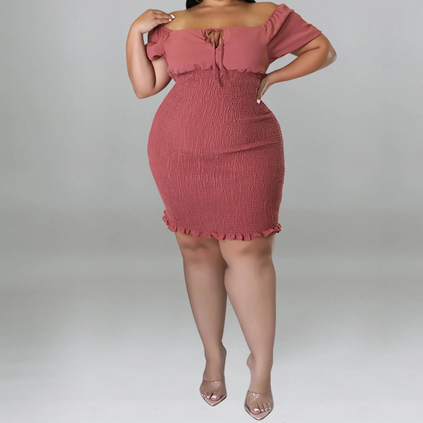 Summer Womens Plus Size Dress Sexy Short Sleeve Off Shoulder Ruffles Bodycon Sexy Solid Dress