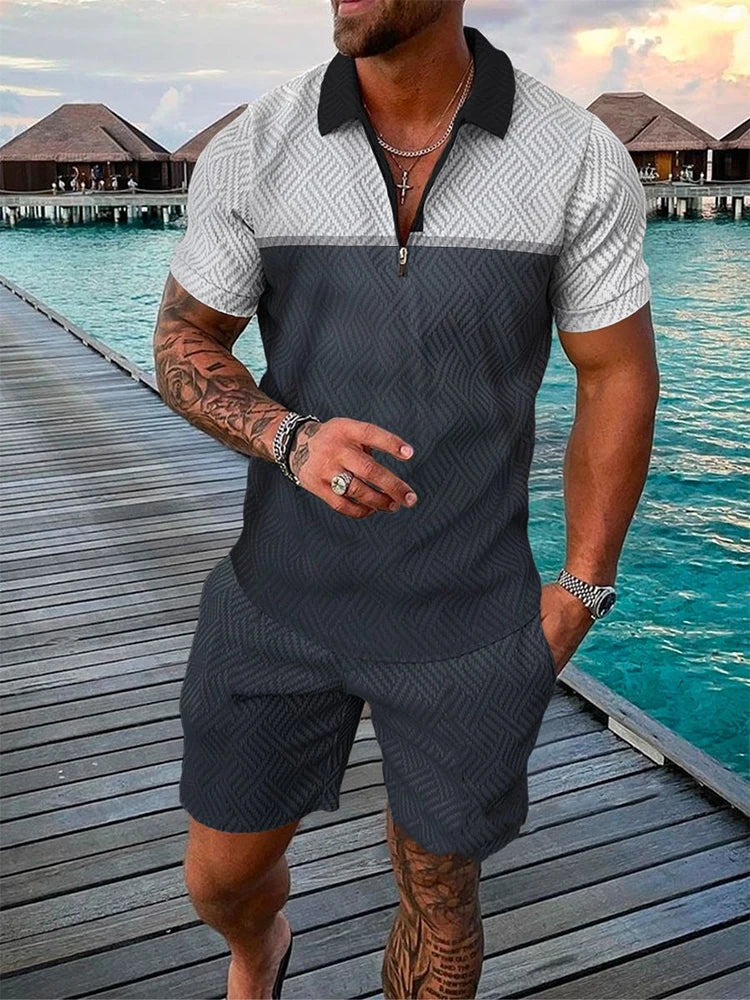 New Summer Trend Retro Print Men's Two Piece Set Casual Zipper Collar Polo Shirt And Shorts .  S-5X
