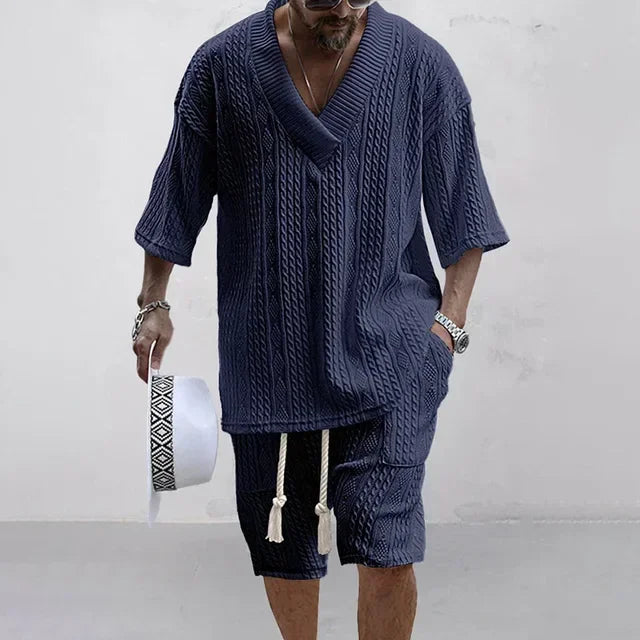 Mens High Quality Summer Casual Knitted Two Piece V-Neck Short Sleeve T-shirt and Shorts.  Sizes S-3XS