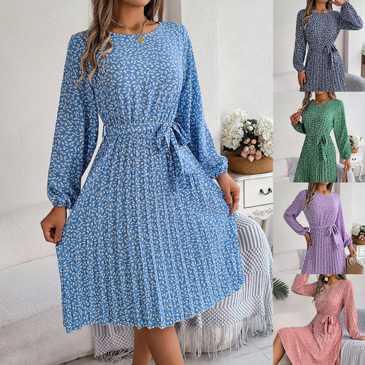 2025 Spring Summer Women's Long Sleeve O-neck Dress Floral Print Elegant Knee Length.
