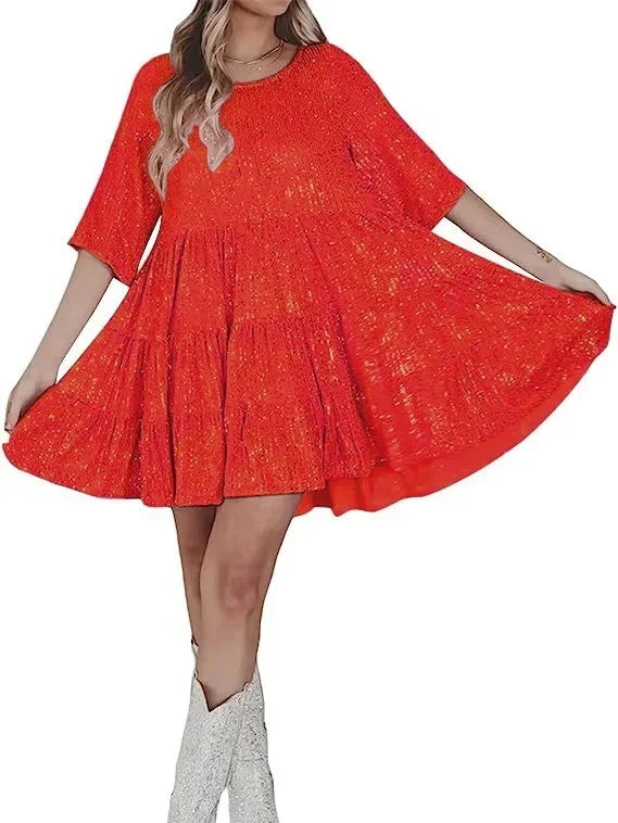 Fashionable Sequins Round Neck Loose-Fit Waist, Short Sleeves New Arrival European Style.  S-3X