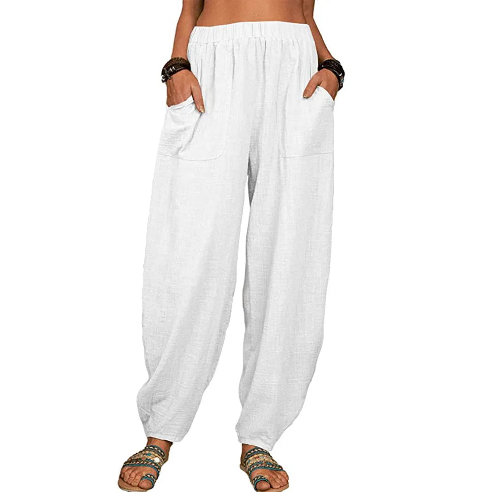 Summer Cotton Linen Pants for Ladies Full Length Casual Pants Loose Fit With High Waist.