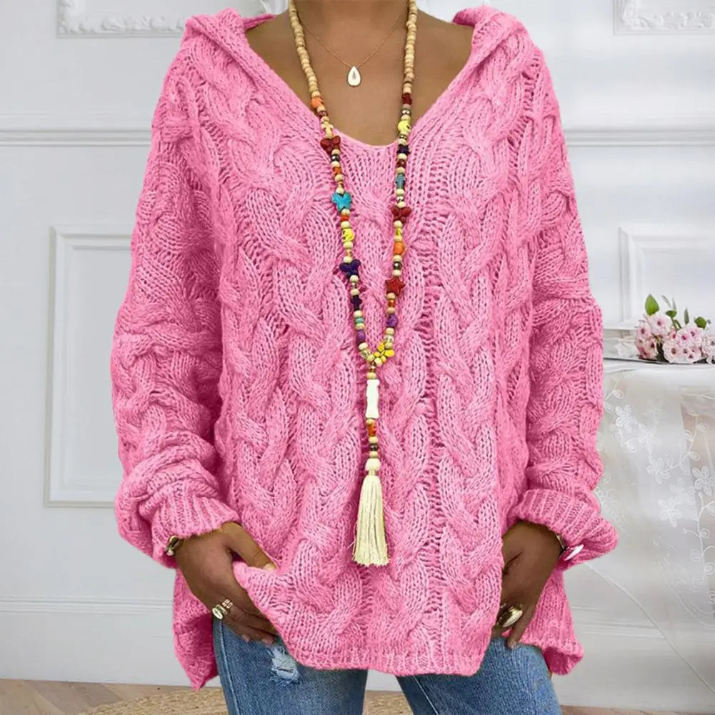 Hooded V-Neck Long Sleeves Twist Knitted Solid Colour Loose Sweater.  S-3x