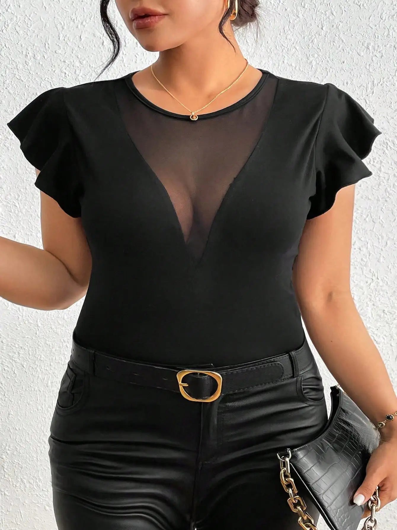 Women Plus Size V-Neck Med Stretch Solid Colour Ruffle Sleeve Shirt,