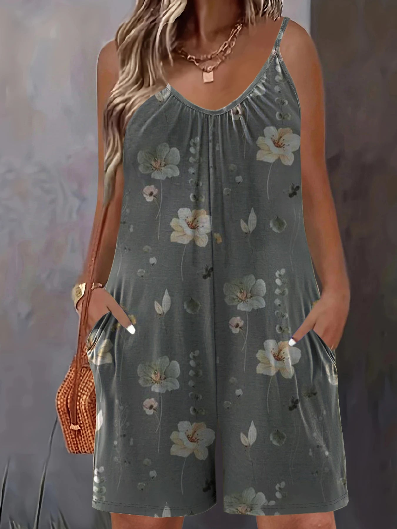 Plus Size Allover Print Romper Jumpsuit, Casual Pocket Ruched Sleeveless Romper.