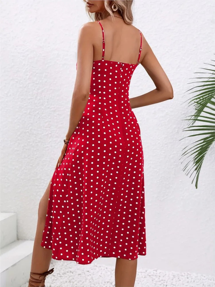 Summer Sexy Spaghetti Strap Dress Fashion Polka Dot Print Sleeveless Slit Dress Boho Casual Dress.  S-xxl