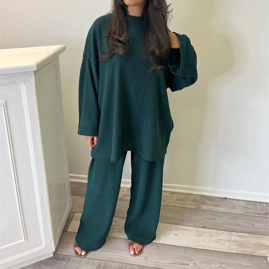 Elegant Female Fashion Solid Set Loose Long Sleeve Pullover Top Wide Legs  2 Piece Set. S-XL