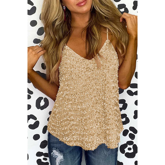Plus Size V-neck Sleeveless Sequin Tank Top.