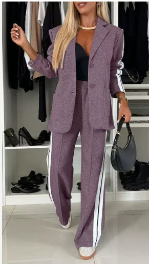 Women's Fashion Latest Striped Side Sporty Tape Notched Collar Front Button Blazer Wide-Leg Pants  Set