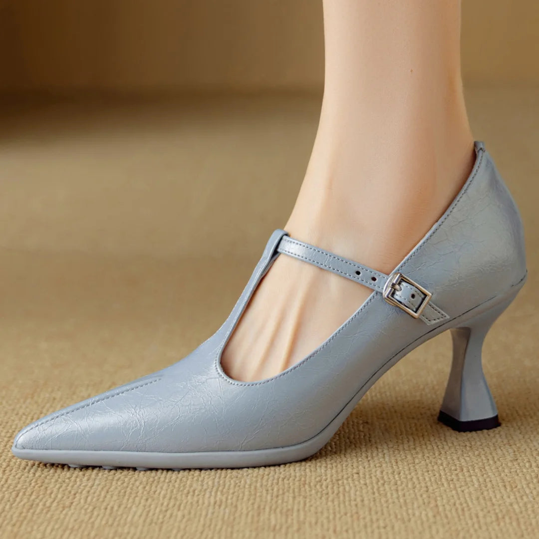 Women's genuine leather pointed toe metal buckle slip-on t-strap pumps elegant ladies 7.5cm thin high heeled daily dress shoes