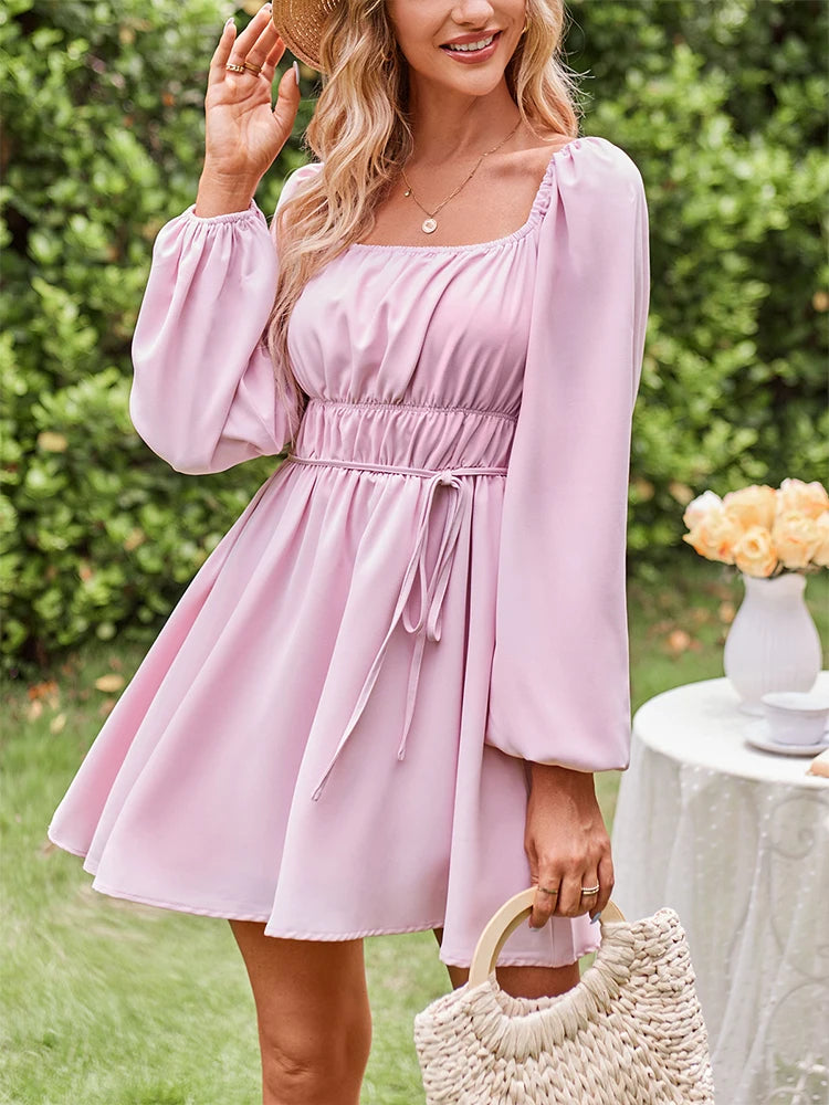 Women's Lantern Sleeve Square Neck Doll Dress A-Line Ruffle Elastic Waist Pink Dress Best for Summer.  S-XL