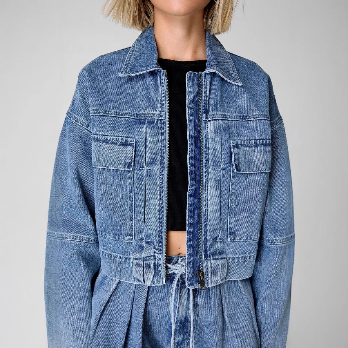 Women's Denim Two-Piece Set 2025 Spring Summer Outfit Fashion Pockets Jean Jacket+Loose Shorts New Matching Set.  S-XL