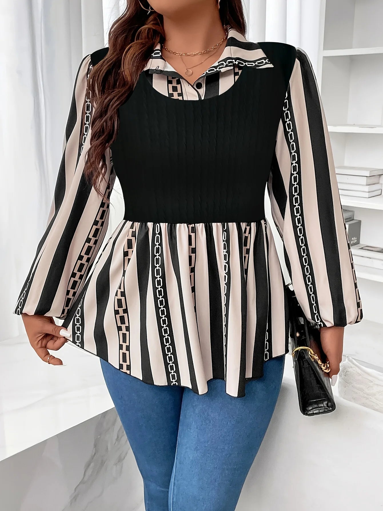 plus size Women's 2-in-1 Striped Polo Top! Colour-blocked Long Sleeve Shirt,