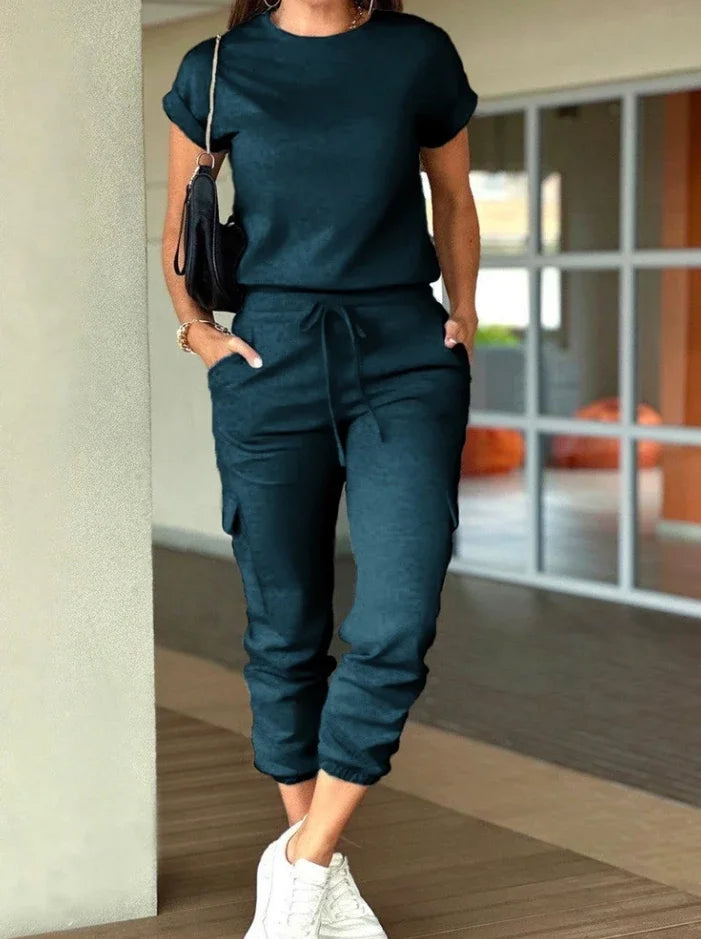 Ladies Sporty Two Piece Set Color block Denim Look Round Neck Short Sleeve Top & Drawstring Pants