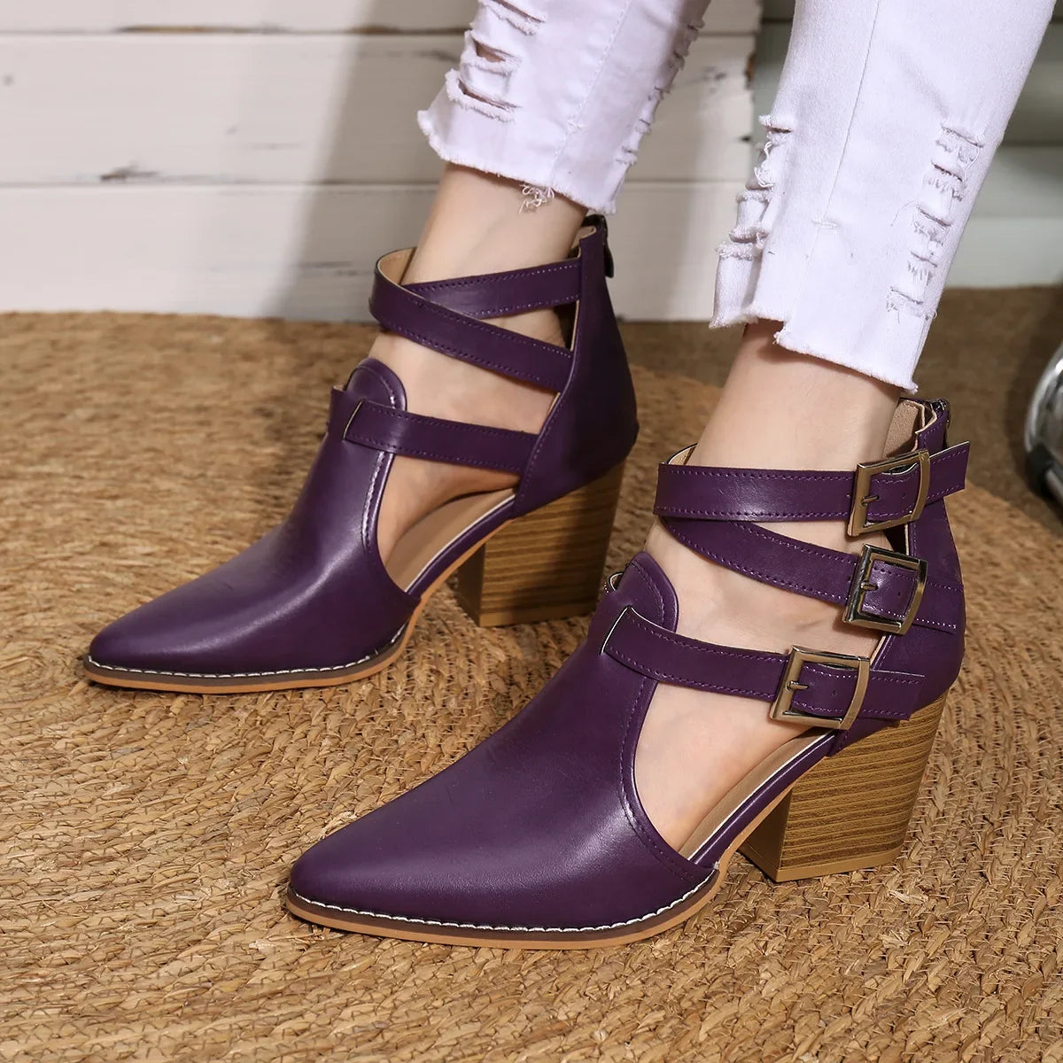 Thick Heel Pointed Toe Retro Belt Buckle Roman Booties PU Leather Rubber Sole
