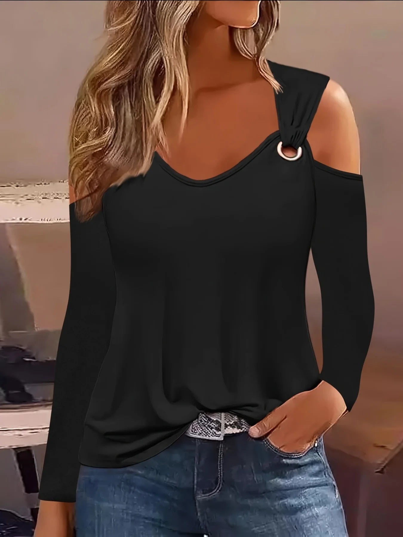 Plus Size Simple Metal Button V-neck New Fashion Sexy Women Casual  Pullover Top.