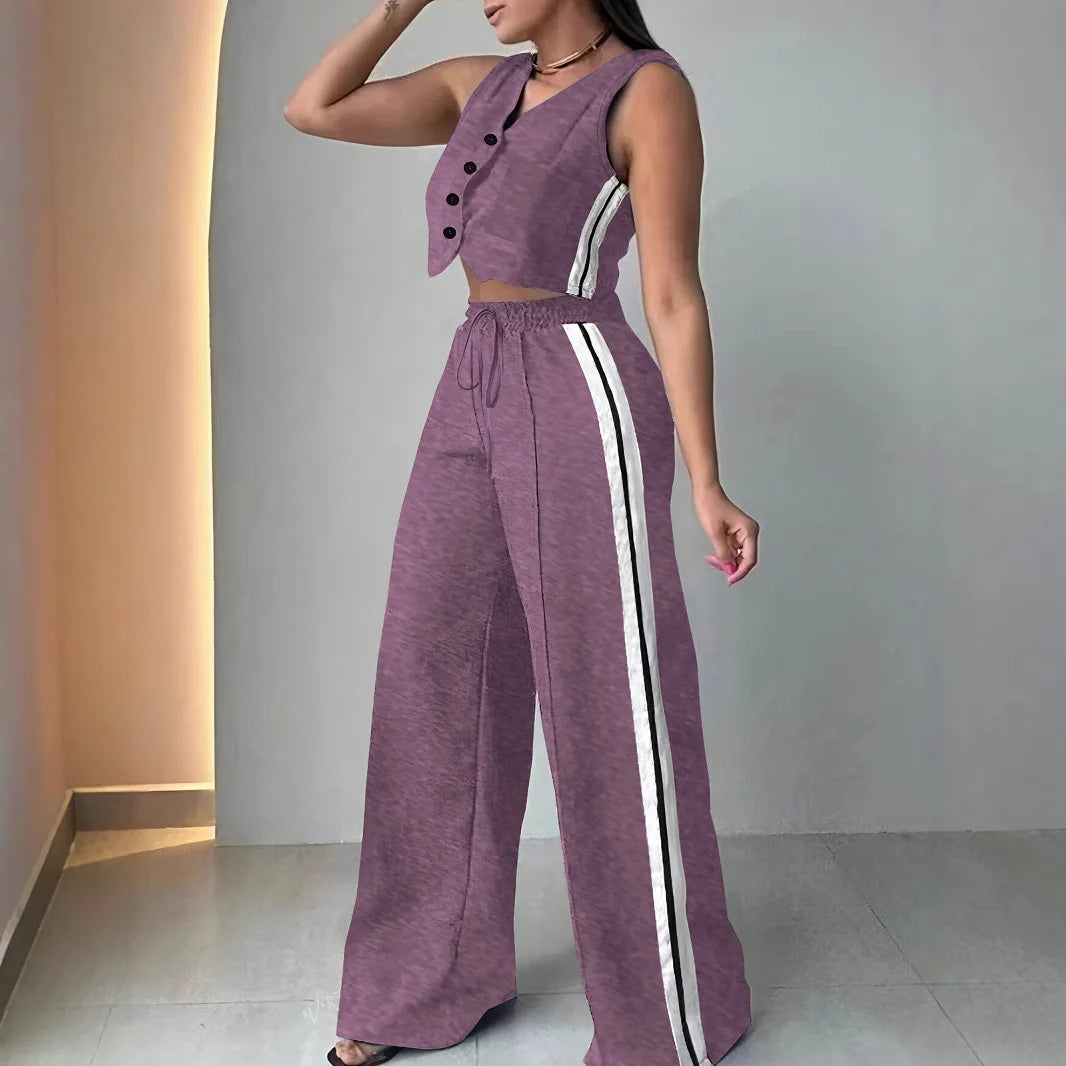 Fashion Side Stripe Women 2 Piece Set New Vest Top And Wide Leg Pants Sports Style Casual Set.  S-2X