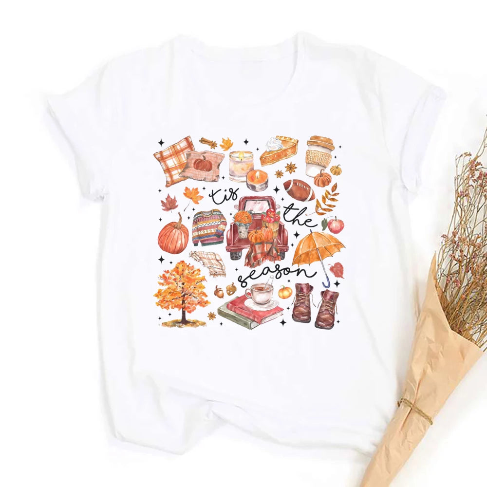 Women's Fall Shirt Pumpkin Season Short Sleeves Fashion Fall Harvest  Tshirt .  S-2X