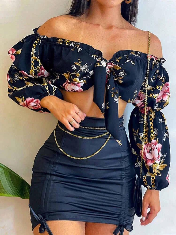 Summer Sexy Two Piece Set Women Chic Slash Collar Lantern Sleeves Crop Top & Solid Pattern Bodycon Skirt Set.