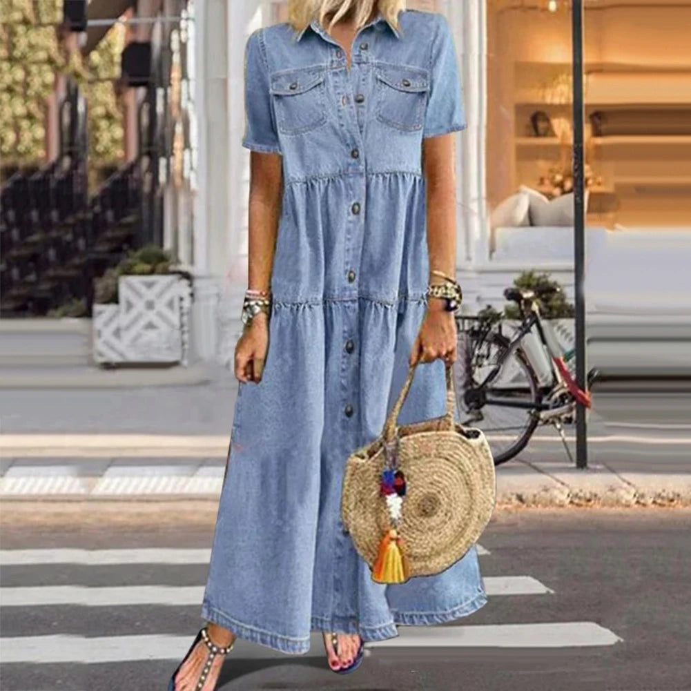 Retro Women Dress Short Sleeve Turn Down Collar Pockets Button Long Loose Denim Long Dress.  S-3X
