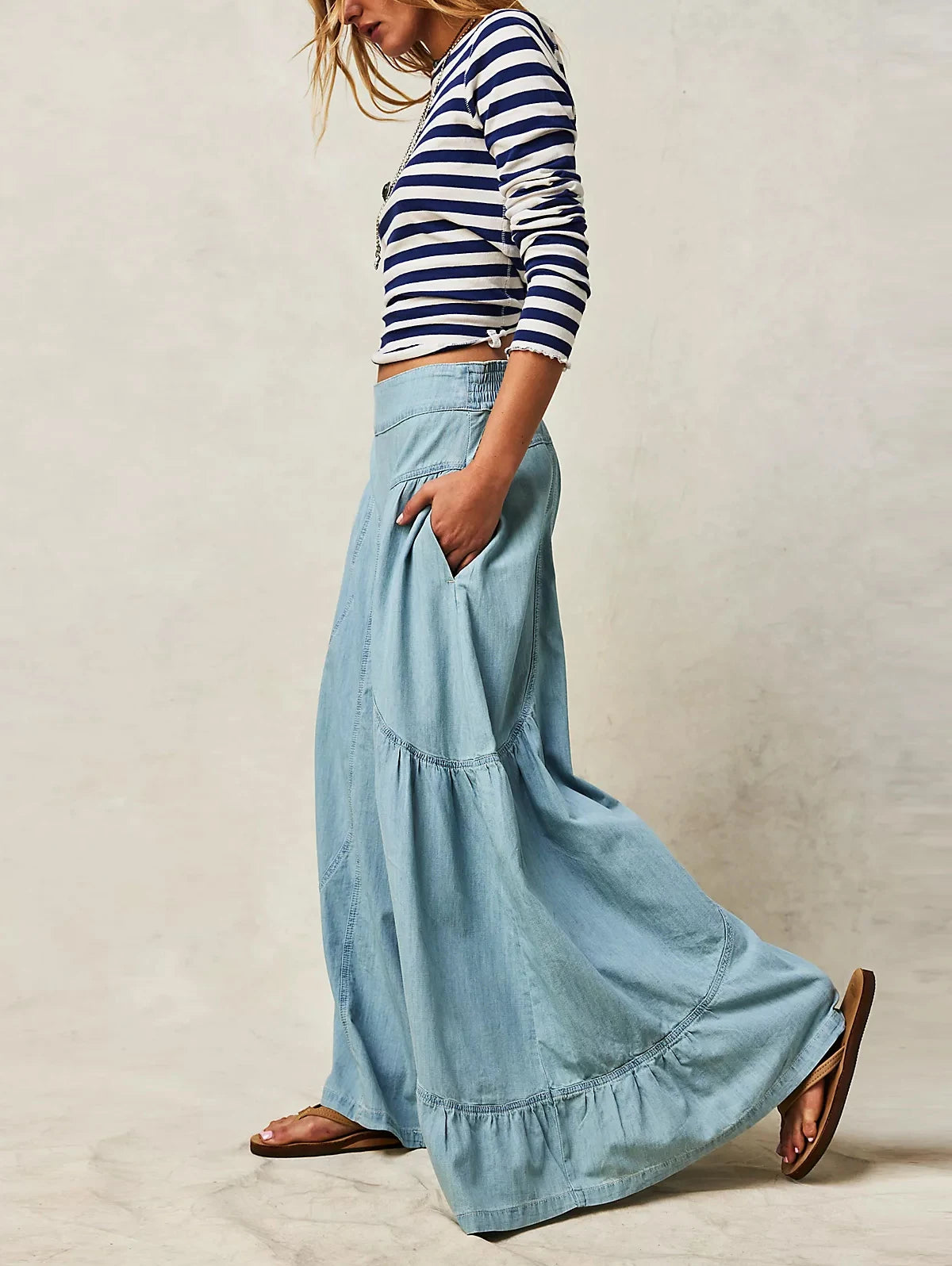 Women's Plus Size Wide Leg Spliced Pants Casual Plain Trousers Elastic Waist Loose Vintage Denim Pocket High Waist Pants  Sz: L-3X