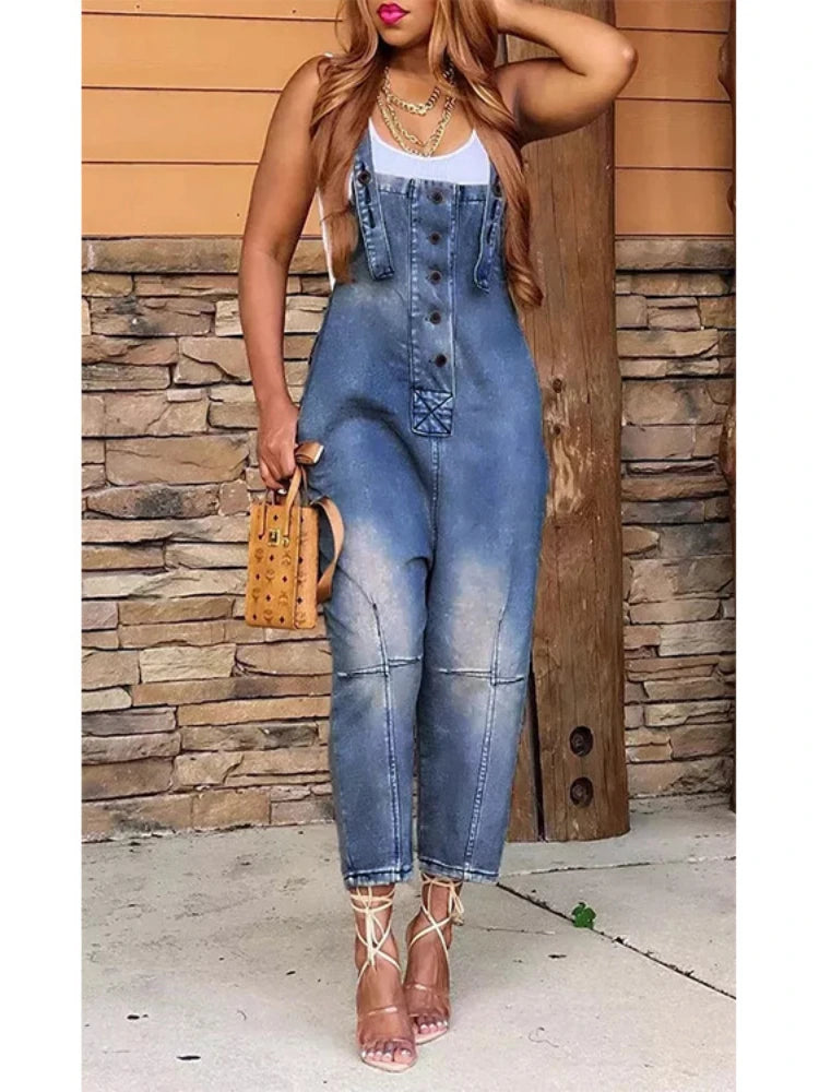 Women One Piece Denim Overalls Sleeveless Straight Romper Casual  Ladies Jumpsuit.  S-3X